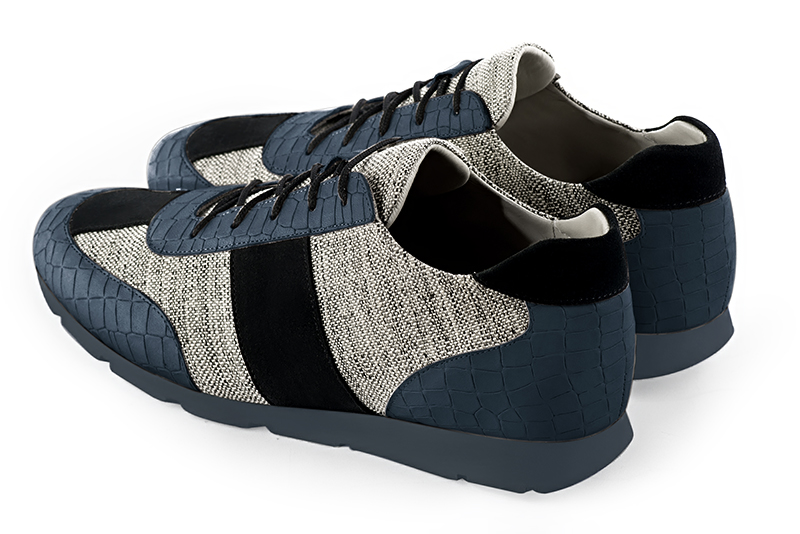 Denim blue, ash grey and matt black three-tone dress sneakers for men. Round toe. Flat rubber soles. Rear view - Florence KOOIJMAN